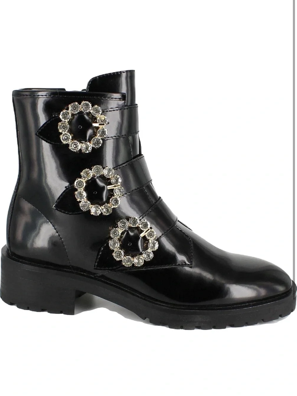 Nanette Lepore Iggy Black Patent Leather Buckle-Embellished Ankle Boots NEW 7